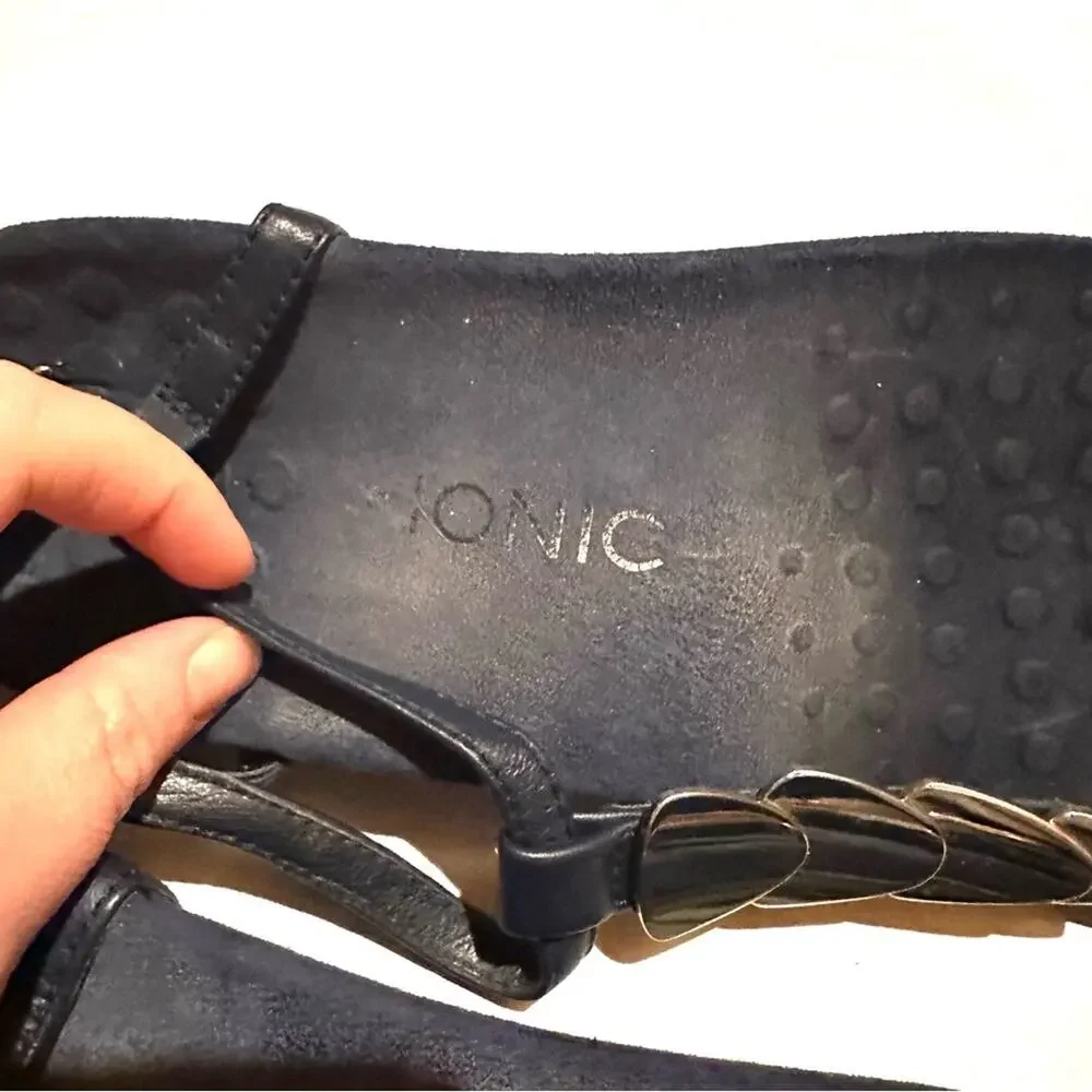 Vionic Navy and White Silver Coin Strap Comfort Sandals Women's 8